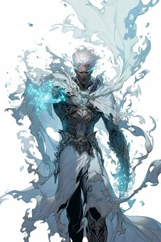 an image of a man with white hair and blue eyes standing in front of water