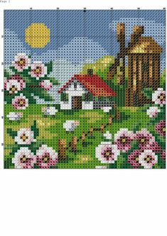 a cross stitch pattern with flowers and a house on the hill in the distance is shown