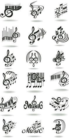 various musical symbols are shown in black and white