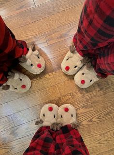 two people wearing slippers with red noses and nose shapes on them, standing in the middle of a wood floor