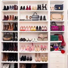 a closet filled with lots of shoes and purses next to a wall mounted shoe rack