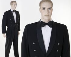 Handsome USAF 2-piece black formal dinner dress uniform from 1963.  The short-waisted jacket is fully lined, has shoulder pads, 2 inside pockets, shawl collar and 8 USAF silver-tone buttons.  The tuxedo-style slacks have a high waist and side pockets (slacks would have had suspender).  Ready for your next special military event.  (NOTE:  White shirt and bow tie are NOT included).   Manufacturer:  Unbranded except ASNPCQ tag dated March 5, 1963 Condition:  Uniform is in good pre-owned vintage condition.  It has been professionally dry cleaned.  Has all original buttons.  No stains.  Sold AS IS.  All sales are final.  Stored in smoke & pet free environment. Measurements: Jacket:  Padded shoulders & lined Chest:  40" Waist;  38" Shoulders:  18" Sleeves:  23" (has 1" hem) Finished Back Length: Fitted Formal Uniform Suit, Formal Dinner Dress, Tuxedo Style, Dinner Dress, Shawl Collar, Short Jacket, White Shirt, Vintage Men, High Waisted