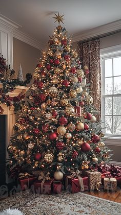 🎄✨ Dive into the festive spirit with this magnificent Christmas tree adorned in classic red and gold hues. The shimmering ornaments and twinkling lights create a warm, cozy atmosphere. Perfect for creating magical holiday moments! 🎁🎇 #Christmas #holiday #decor #festive #cozy #red #gold #lights #ornaments #holidayvibes #home #inspiration 🏠🎅❤️ Christmas Decor Ideas Tinsel, Christmas Aesthetic Red And Gold, Traditional Red And Gold Christmas Tree, Family In Front Of Christmas Tree, Christmas Tree Decorations Classic, Gold And Red Xmas Tree, Red And Gold Christmas Living Room, Cranberry And Gold Christmas Tree, Red Gold Ornaments Christmas Tree