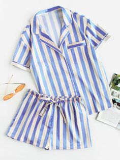 Piping Detail Pocket Front Shirt And Shorts Pajama Set Boys Nightwear, Shorts Pajama Set, Pyjama Satin, Shirt And Shorts