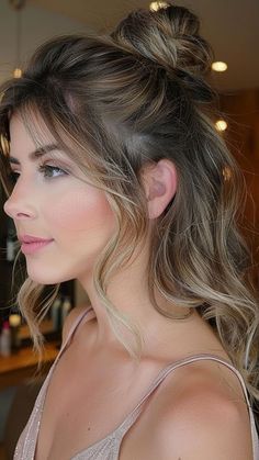 23 Quick and Easy Updos for Medium Hair: Look Fabulous Every Day | Lookosm Hair Updos For Medium Hair Half Up, Curly Half Updos For Medium Hair, Medium Half Up Hairstyles, Medium Length Hair Styles Half Up, Half Updos For Medium Length Hair Easy, Medium Length Half Updo, Updo Half Up Half Down, Half Up Medium Length Hair, Wedding Guest Updo