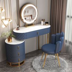 a blue chair sits in front of a vanity with a round mirror on top of it