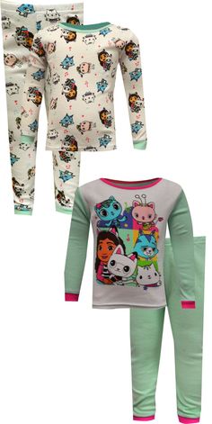 Finally Gabby's Dollhouse jammies are here! These adorable 4 piece cotton pajamas for toddlers feature Gabby, Pandy Paws and the rest of her feline friends. There are two pair included here. They are designed to be a snug fit to comply with safety regulations. If between sizes, order up. Playful Character Print Sleepwear For Bedtime, Cute Bedtime Sets With Character Print, Cute Character Print Loungewear Sets, Fun Cartoon Print Sleepwear For Sleepover, Multicolor Cartoon Print Loungewear Sets, Multicolor Character Print Sleepwear For Loungewear, Cute Sleepover Sets With Character Print, Playful Sleep Sets With Character Print, Multicolor Character Print Sleepwear For Pajama Party