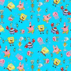 a blue background with spongebobs and other cartoon characters