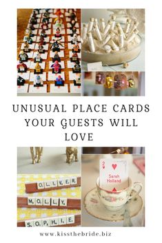 several different pictures with words on them that say unusual place cards your guests will love