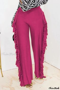 Olivia Mark - Champagne Straight-Cut High-Waisted Bottoms with Tassel Accents - Solid Color Champagne Fashion, Fringe Pants, Sweatshirt Women Casual, Chic Trousers, Tassel Skirt, Look Rose, Ladies Short Jackets, Straight Cut Pants, Shiny Pants