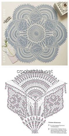 an intricate doily pattern is shown in two different colors and sizes, with the words crochet on it