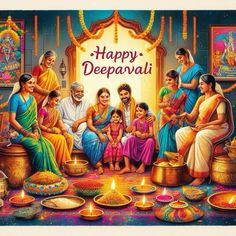 happy deepavali with family and diyas on the occasion of deepavali