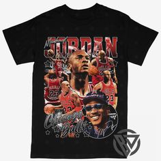 a black t - shirt with an image of michael jordan and other basketball players on it