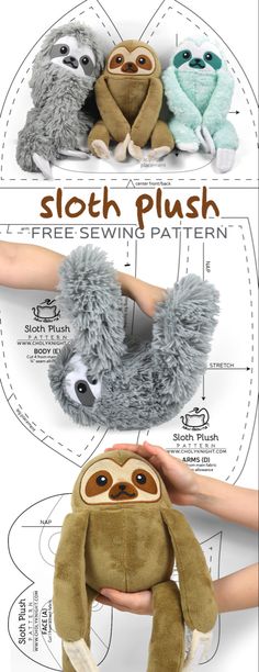 the sloth plush sewing pattern is shown with instructions for how to sew it