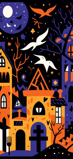 an image of a halloween scene with houses and bats