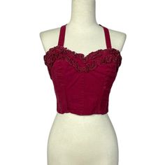 "Cute maroon bustier top straight out of the 50s, these iconic tops are super flattering. Has ruffling at the neckline! The straps are removable. The back has button closures. 100% cotton Measurements Bust: 34\" Waist: 26\" Length: 19\" Hem: 24\" Condition: Good, one button is different then the other two (see image)." Fitted Ruffle Top With Sweetheart Neckline, Fitted Tops With Ruffles And Sweetheart Neckline, Fitted Ruffle Tops With Sweetheart Neckline, Red Fitted Top With Boned Bodice, Vintage Sleeveless Top With Boned Bodice, Fitted Burgundy Crop Top, Gucci Pattern, Red Drapes, Tie Length