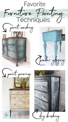 four different types of furniture painted in blue and white with text overlaying them