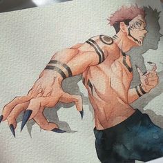 a drawing of an anime character with claws on his chest and hands in the air