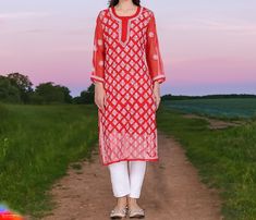 Women Georgette Embroidery Kurta with Slip, Chikankari Handmade Indian Dress Top Red Embroidered Traditional Wear For Spring, Red Traditional Wear For Spring, Red Traditional Wear With Chikankari Embroidery For Spring, Red Wedding Kurta For Spring, Embroidery Kurta, India And Pakistan, Indian Dress