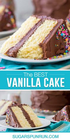 the best vanilla cake with chocolate frosting and sprinkles is on a plate