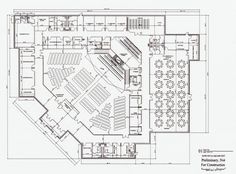 the floor plan for an auditorium with seating areas and tables on each side, as well as several rows of seats