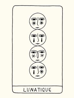 four faces are arranged in the shape of a rectangle with words written on it