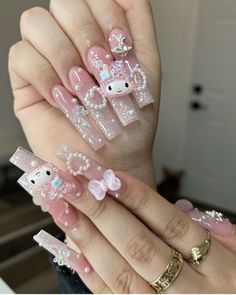 Hello Kitty And Her Friends, Girly Acrylic Nails, Cute Acrylic Nail Designs, Green Star, Blush Nails, Pretty Gel Nails, Soft Nails