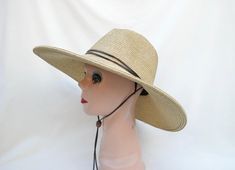 Women's Large Brim Tan Fedora Style Sun Hat With Chin Cord /Women's Large And Extra Large Head Sizes Beige Safari Hat For Summer, Safari Style Beach Hat For Spring, Spring Safari Style Brimmed Hat, Spring Beach Safari Hat, Wide Brim Safari Hat For Spring, Spring Safari Hat With Wide Brim, Spring Safari Beach Hat, Adjustable Safari Hats For Spring, Solid Color Summer Hat For Rodeo