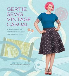 a woman with pink hair is standing in front of a book cover that says gertie sews vintage casual