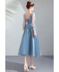 Buy Pretty Dusty Blue Tea Length Party Dress With Long Sleeves Lace at wholesale price online. Free shipping and pro custom service since 2009. Dress For Tea Party, Tea Length Prom Dress, Blue Tea, Blue Wedding Dresses, Tea Length Wedding Dress, Dress With Long Sleeves, Tea Length Dresses, Prom Dresses With Sleeves, Fairy Dress