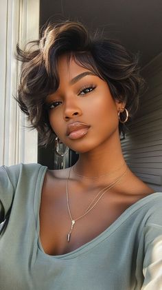 Chocolate Brown Short Hair Black Women, Pear Head Shape Hairstyles, Short Hairstyle Women Round Face Black, Curtain Bang Bob Black Women, Soft Curl Bob Black Women, Short Hair In Hat, Face Framing Layers Black Women, Short Layered Bob Black Women, Black Woman Pixie Cuts