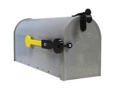 a metal mailbox with a yellow handle on the front and black handles on the back