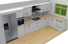 a 3d rendering of a kitchen with white cabinets and wood flooring, green grass on the window sill