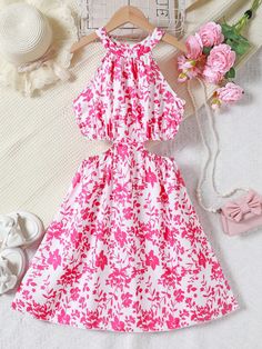 Tween Girl Elegant Floral Print Ruffled Halterneck Dress, Perfect For Summer Vacation, Beach Parties Hot Pink Boho  Sleeveless Woven Fabric Floral,Plants,All Over Print A Line Non-Stretch  Tween Girls Clothing, size features are:Bust: ,Length: ,Sleeve Length: Pink Sleeveless Dress For Beach Season Vacation, Pink Sleeveless Dress For Beach Vacation, Pink Floral Print Sleeveless Dress For The Beach, Cute Sleeveless Dresses For Beach Season, Pink Floral Print Sleeveless Dress For Beach, Cute White Dress For Beach Season, Cute White Beach Season Dress, Pink Sleeveless Dress For Beach In Spring, Printed Pink Sleeveless Summer Dress