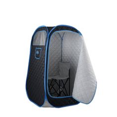 an outdoor portable shower with blue trimmings and grey seat covers on the side