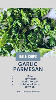 kale chips with garlic and parmesan on a white plate text reads kale chips garlic parmesan