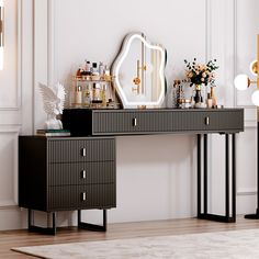 an elegant dressing table with mirror, vases and other decorative items on the top shelf