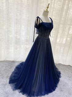 Dark Blue Tulle Sequin Long Prom Dress, Blue Tulle Formal Dress Midnight Blue Long Dress, Dark Blue Prom Dress Long, Dark Blue Dress Formal, Mystique Aesthetic, Midnight Blue Prom Dress, Dark Prom Dresses, Dark Blue Evening Dress, Dark Blue Formal Dress, Prom Dress Dark Blue