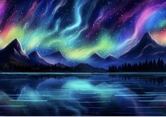 a painting of the night sky with stars and aurora bores over mountains, reflecting in water