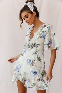 Shop the June Angel Sleeve Ruffle Detail Dress Floral Print Beige | Selfie Leslie Pink Dress Shoes, June Dress, Nude Strappy Heels, Selfie Leslie, Angel Sleeves, Angel Sleeve, Clothing Tags, Your Crush, First Date