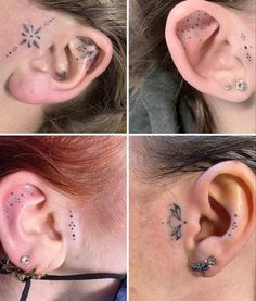 four different pictures of the same person with their ear piercings and tattoos on them