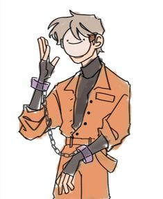 a drawing of a man in an orange trench coat holding his hand up to the side