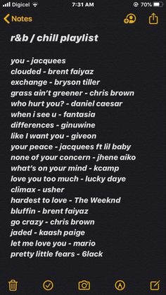 an iphone screen with the text playlist written in white and yellow on black background