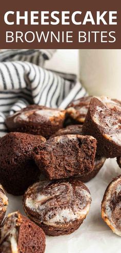 chocolate cheesecake brownie bites are stacked on top of each other