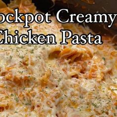 a casserole dish with cheese and chicken in it on a plate that says stockpot creamy chicken pasta