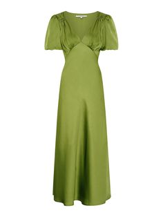 a green dress with puff sleeves on the shoulders