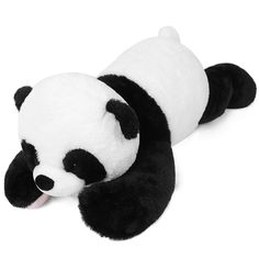 a stuffed panda bear laying on its side