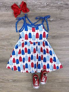 Popsicle Party USA Girls Ti... Playful Summer Dress With Tie Straps, Playful Spaghetti Strap Summer Dress, Playful Spaghetti Strap Beach Dress, Playful Summer Dress With Spaghetti Straps, Casual Beach Dress For 4th Of July, Sleeveless Beach Dress For 4th Of July, Fun Sleeveless Summer Sundress, Fun Sundress For Summer Vacation, Fun Summer Sundress For Vacation