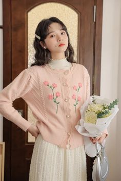 Round neck cardigan with scalloped trims and embroidered flowers on the chest. One Size: 43" chest, 20.5" length Round Neck Cardigan, Floral Embroidered Top, Embroidered Cardigan, Sweet Floral, Shoe Gifts, Overall Dress, Sweater Blouse, Embroidered Top, Cardigan Jacket