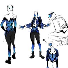 some blue and black spider man suits are shown in three different poses, one with his hands out